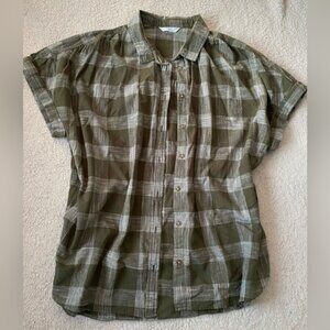 Green Plaid Button-Up Shirt Oversized Boyish Tomboy Cotton Short Sleeve